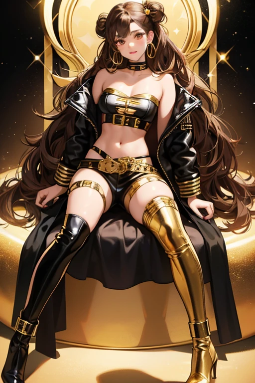 Royal Bee is  with dark skin, gold nail polish, brown eyes, gold eye shadow, red blush, gold lipstick, and curly brown hair with buns and golden highlights.
She wears a a black and gold tube top, a black leather jacket with gold accents and silver glittery shoulder pads, black bell-bottoms that cover her feet, black and gold socks, black and gold heeled boots, a gold neck ring, gold bracelet, gold belt, gold double hoop earrings, and silver glittery sunglasses. SPARKLE; GLITTER