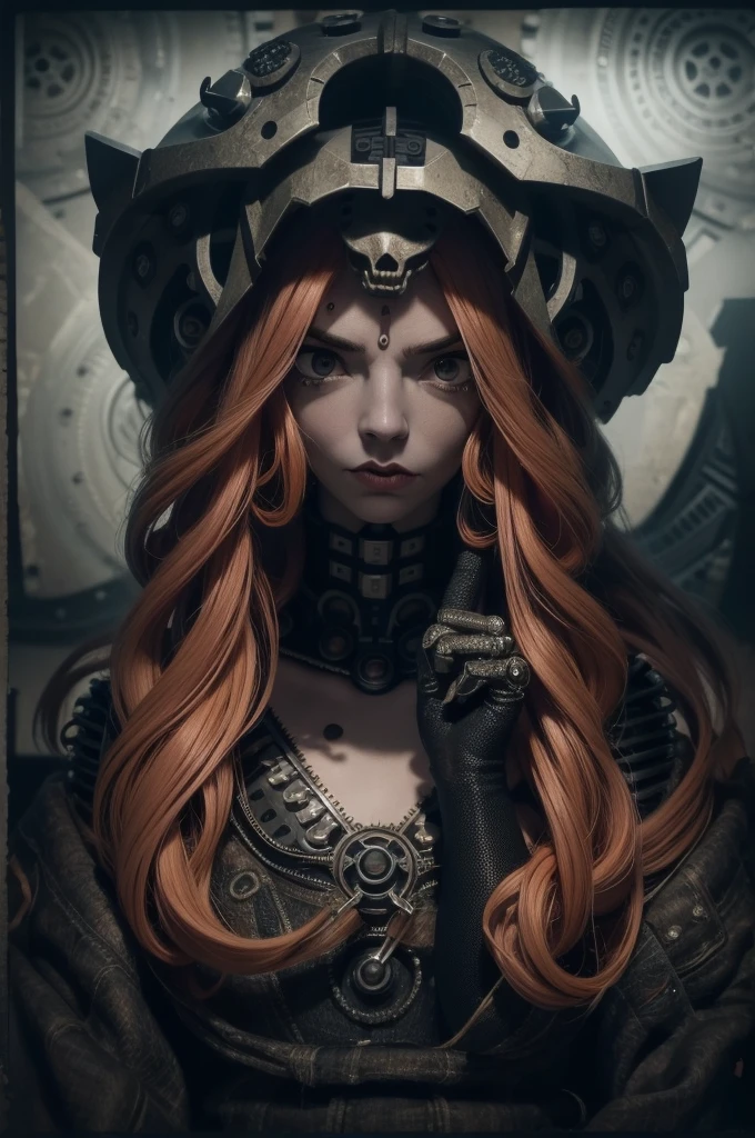 A highly detailed and realistic skull girl,( Anya. Taylor Joy) cyberpunk character, mad max furiosa, one hand robot, cyborg arm, orange hair, dramatic metal heavy rock theme, best quality, 8k, hyperrealistic, photorealistic, extreme detailed painting, studio lighting, vivid colors, dark moody atmosphere, cinematic, dramatic pose, intricate mechanical details, glowing energy effects, intense gritty textures, seamless integration of organic and inorganic elements. Wearing the used clothes of a wastelander. Background: An apocalyptic wasteland. Dusty and depressing.