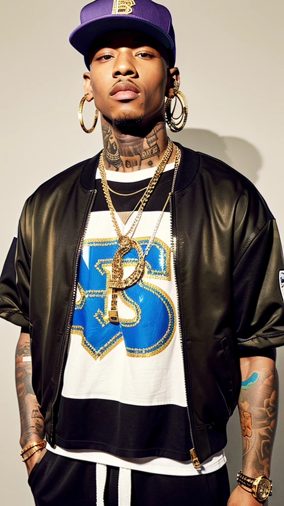 Create a first-person image of a man with rapper style. He is dressed in loose, modern clothing., including a graphic t-shirt, a bomber jacket and a tilted baseball cap. His skin is covered in detailed and colorful tattoos. She wears thick gold chains and statement rings. The perspective of the image should give the sensation of looking from the person's eyes, showing off her tattooed hands and accessories while standing in a vibrant urban setting, with graffiti on the walls and an authentic street atmosphere.