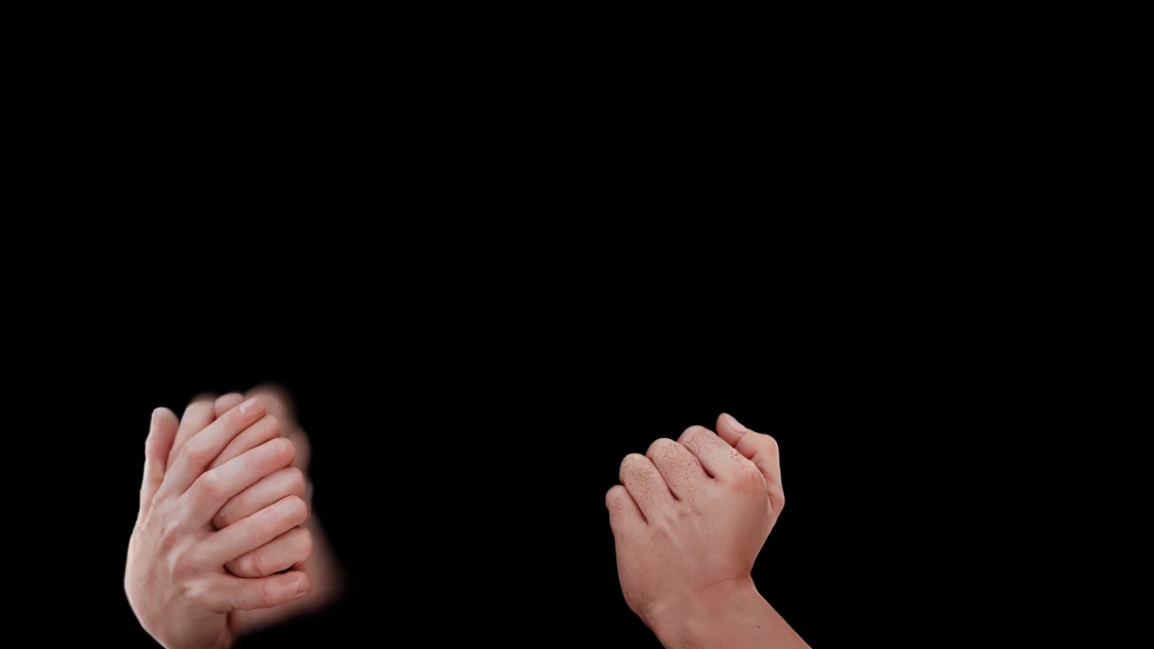 hands retouched, on a black background, hand gestures, Hands in the air, one hand grabs something, the second hand is clenched into a fist