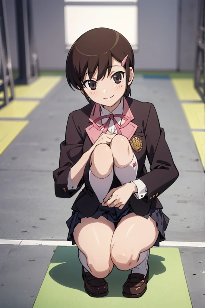 solo, 1girl, looking at viewer, 2D, , chihiro kosaka, , looking at viewer, smile,blazer,miniskirt,socks,school,squatting,open legs,spread legs