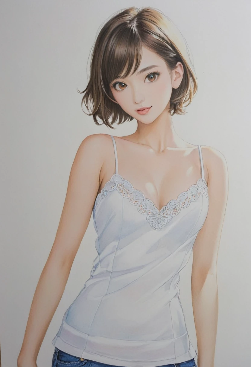  female，short camisole，white，Art，ad，colour pencil drawing，draft drawing 