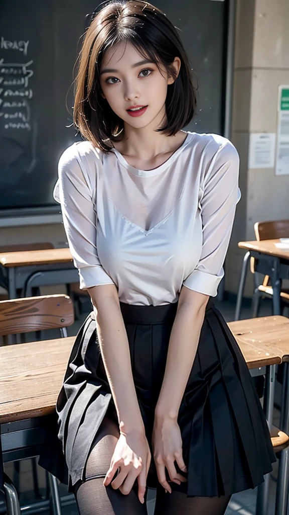 Creamy smooth skin, (Masterpiece, best quality, high resolution, Extremely detailed, Detailed background, Delicate eyes, Beautiful face:1.2), 1girl huge breasts, Solitary, Short straight hair, Bangs, Willow Waist, Pale skin, , outdoor, School，classroom， Black Legwear, Pantyhose, open mouth, Smile, Happy, shirt，JK，Pleated Skirt