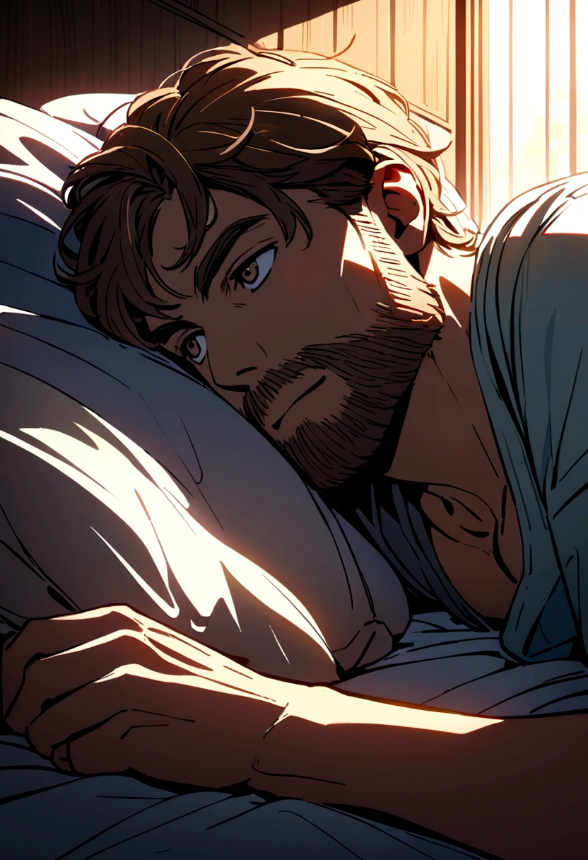 man with brown beard and long brown hair brown eyes in bed waking up