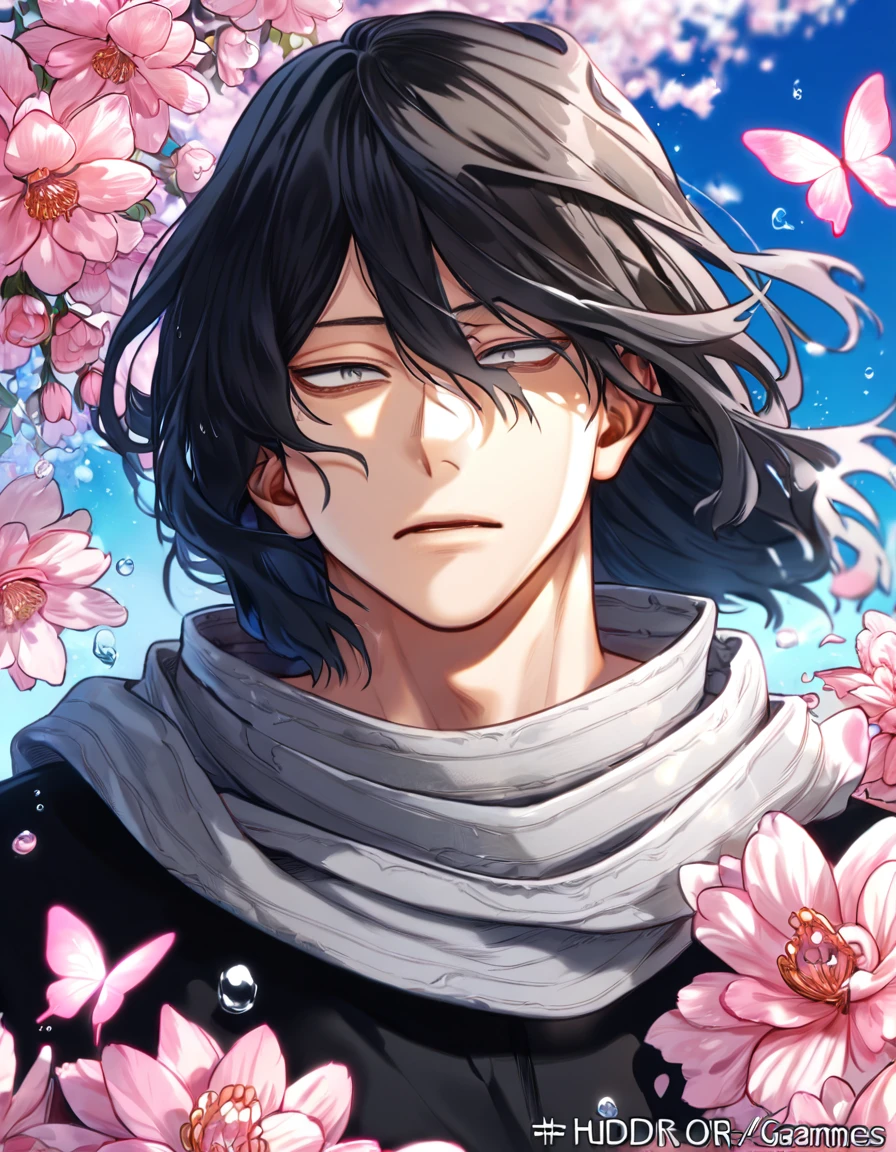 absurdres, highres, ultra detailed, HDR, master piece, best quality, Eraser Head, black hair, medium-lenght hair, expressive gray eyes, boku no hero academia, black clothes, gray scarf, solo, sexy man, handsome, fantasy, shining, water, pink flowers, pink blossoms, pink butterflies, pink petals