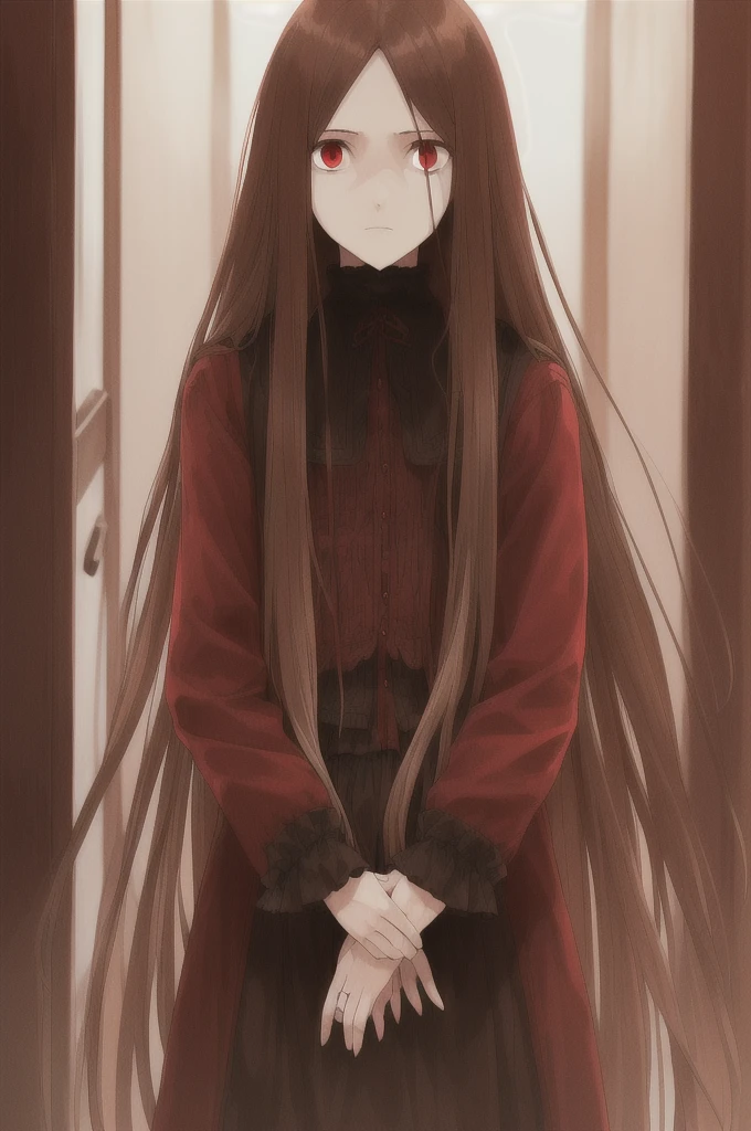 woman, long straight light brown hair, red eyes, with old clothes, dark inhabitant of terror, alone, scary face