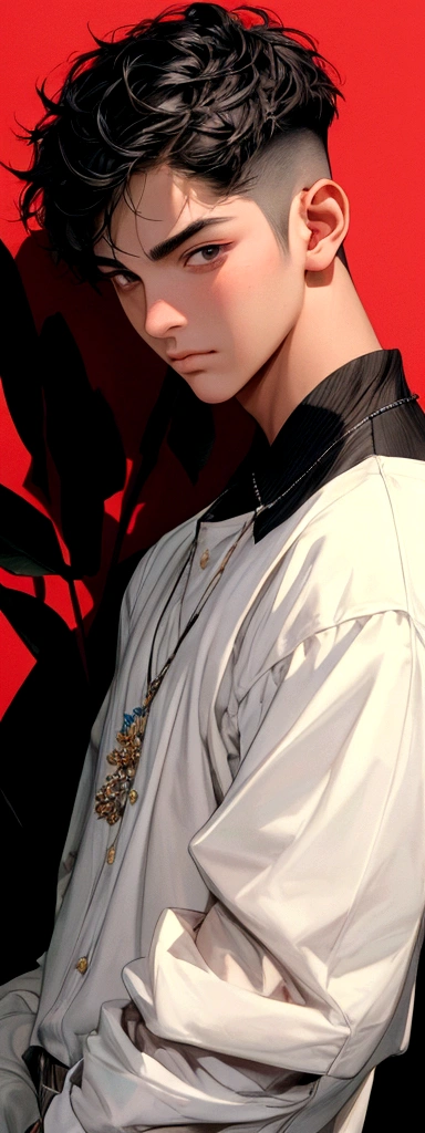 (masterpiece best qualtiy)( AI art)(high qualtiy)1 boy , handsome, charming, fresh,(detail face),( ignore face), thick neck , pointed chin, black hair, short hair, tall, stronger, Sharp eyes, Badass, no tattoos, potrait, looking at view, not smile, standing , flower background