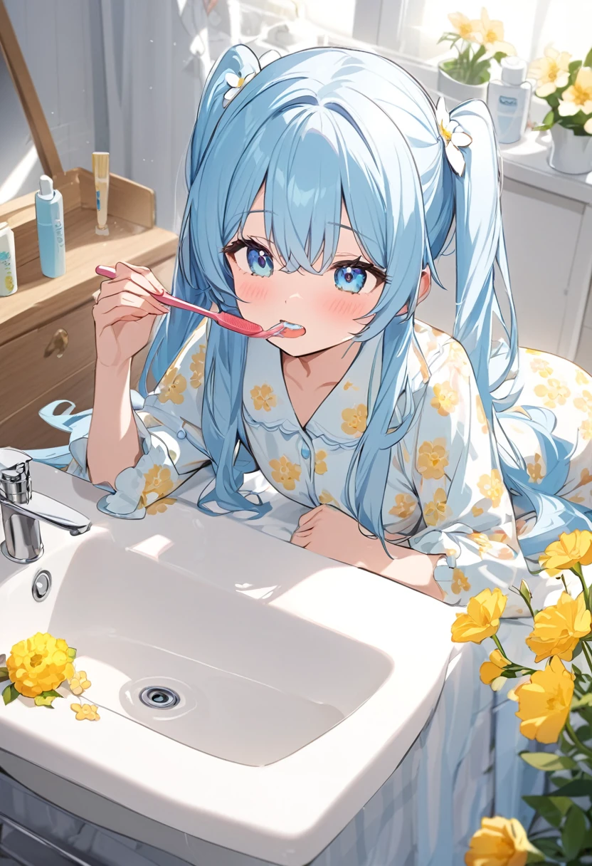 Brushing your teeth　Have a toothbrush　Light blue long hair　Beautiful girl with twin tails　Just woke up　A bright, sunny washstand　White floral pajamas、There are lots of flowers around　