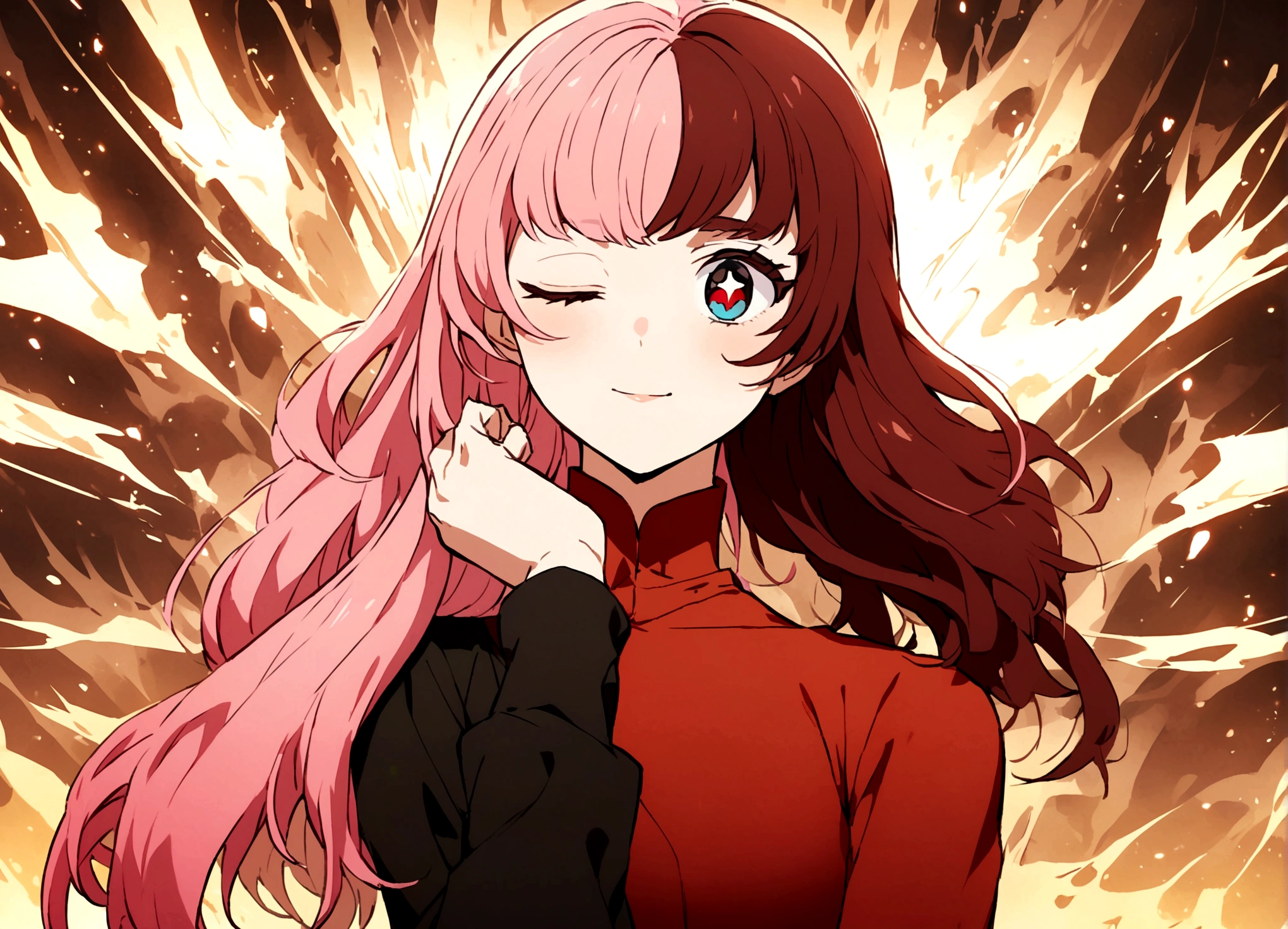 Screenshot of the seven deadly sins. A short-haired girl with a brown ponytail with pink highlights with bangs. His eyes are different colors, His right eye is shiny black, his left eye is shiny dark red and he has a cheerful and fun personality.. He is wearing a , white with bright red stars, His sleeves are long but they are cut in half and he has brown pants.(And really look like a woman)