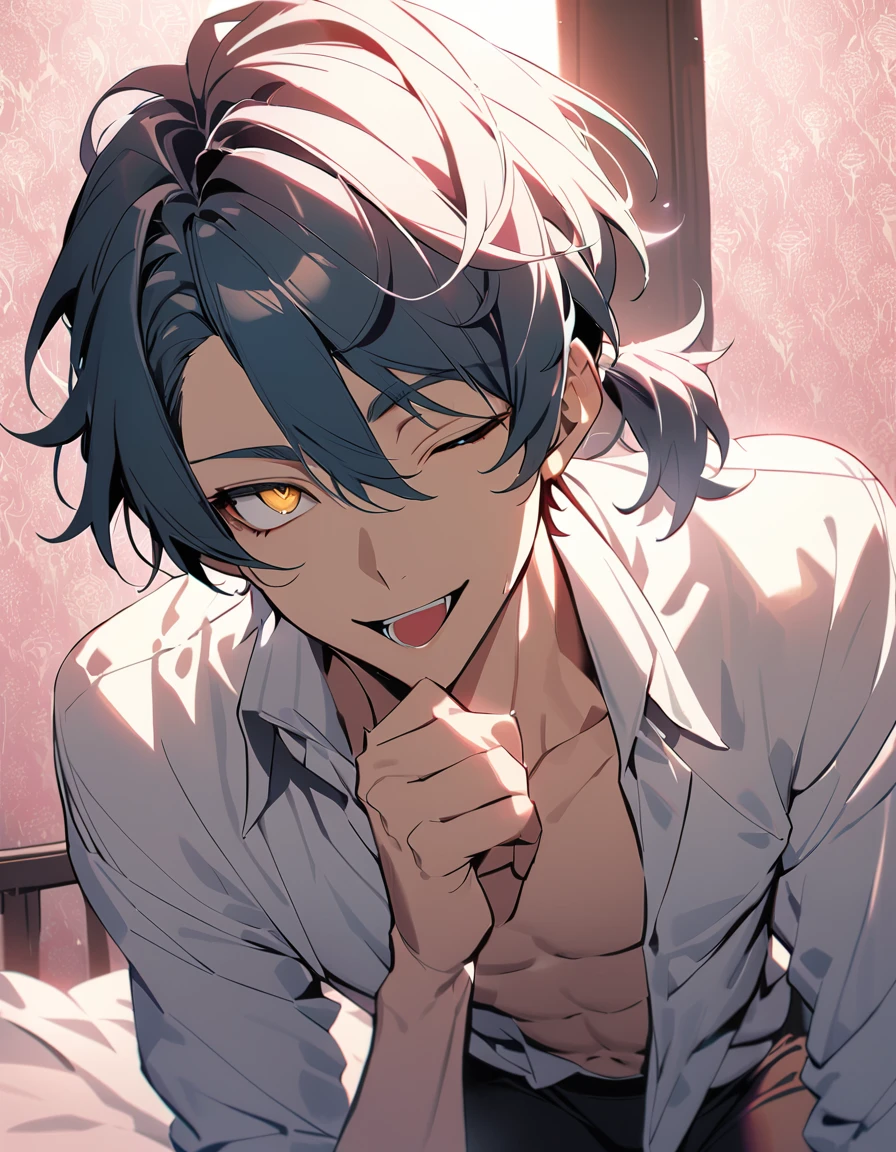 ((((best masterpiece, best quality, wallpaper,)))) solo, guy, male body, small muscles, flat chest, 1male, 30 years old, handsome man, dramatic angle, upper body, looking at viewers, beautiful detailed, finger to mouth, mediumturquoise hair, ((((Lower short ponytail)))), asymmetrical bangs, ((short hair,)) seductive smile, ((( one eye closed, gold eyes,))) (((^o^, tareme, droopy eyes,))) perfect face, extremely detailed eyes, perfect hands, sharp nose, seductive smile, clear face, open shirt, ((silver piercing,)) leggings, lighting back, backlighting, pink background color ultrasharp, 8K, masterpiece,,wrenchftmfshn, fantasy clothing