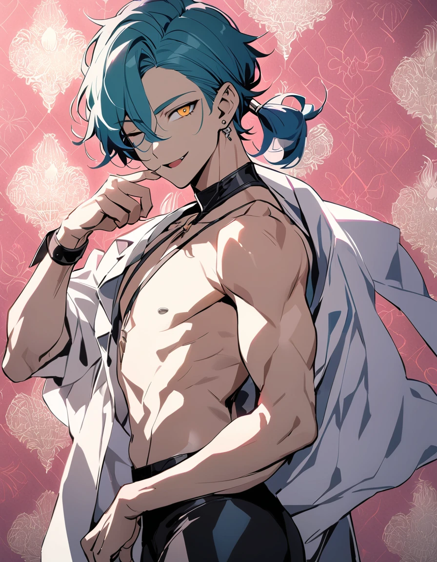 ((((best masterpiece, best quality, wallpaper,)))) solo, guy, male body, small muscles, flat chest, 1male, 30 years old, handsome man, dramatic angle, upper body, looking at viewers, beautiful detailed, finger to mouth, mediumturquoise hair, ((((Lower short ponytail)))), asymmetrical bangs, ((short hair,)) seductive smile, ((( one eye closed, gold eyes,))) (((^o^, tareme, droopy eyes,))) perfect face, extremely detailed eyes, perfect hands, sharp nose, seductive smile, clear face, open shirt, ((silver piercing,)) leggings, lighting back, backlighting, pink background color ultrasharp, 8K, masterpiece,,wrenchftmfshn, fantasy clothing