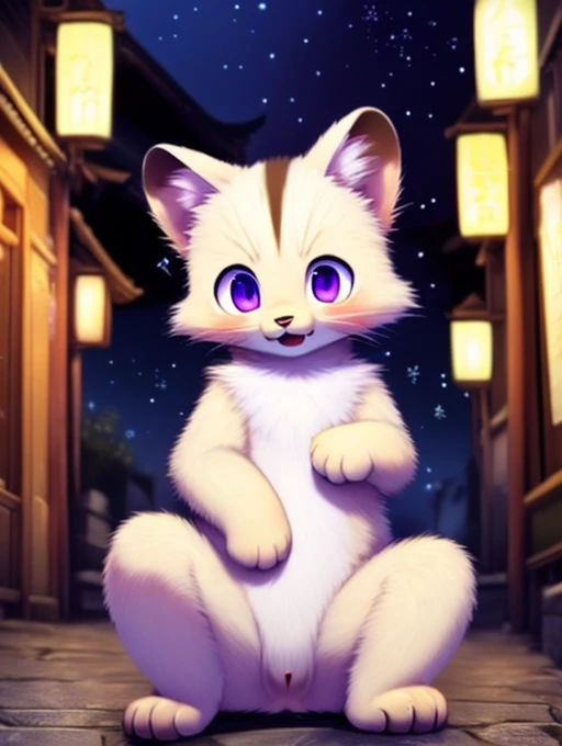 Civet cat, Little Boy, cute, (alone), (((Has brown and white fur))), Big purple eyes, Blushing, smile, Open your mouth, walking, night, Ancient Asian cities, bright street lights, Blue and black slate road, Empty Streets, Starry Sky, Shadow, Detailed facial depiction, ((Accurate hand drawing)), レンブラントの光とShadow, Ultra-fine，Completely naked，Naked，Naked，Sleep on your back，Spread your legs and point your crotch，lift both legs up，Embarrassing，Embarrassing表情，Small dick，Animal penises，anus，Furry，kemono，Hairy boy，Animal body types，