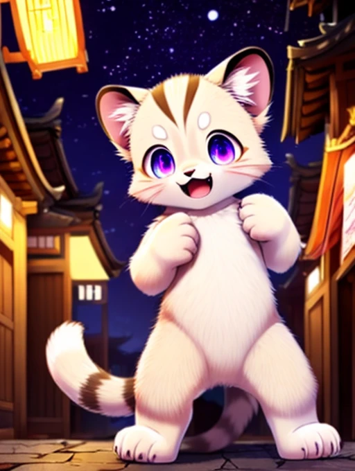 Civet cat, Little Boy, cute, (alone), (((Has brown and white fur))), Big purple eyes, Blushing, smile, Open your mouth, walking, night, Ancient Asian cities, bright street lights, Blue and black slate road, Empty Streets, Starry Sky, Shadow, Detailed facial depiction, ((Accurate hand drawing)), レンブラントの光とShadow, Ultra-fine,Completely naked,Naked,Naked,Sleep on your back,Spread your legs and point your crotch,lift both legs up,Embarrassing,Embarrassing表情,Small dick,Animal penises,anus,Furry,kemono,Hairy boy,Animal body types,