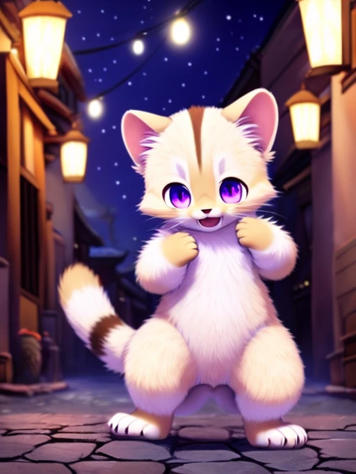 Civet cat, Little Boy, cute, (alone), (((Has brown and white fur))), Big purple eyes, Blushing, smile, Open your mouth, walking, night, Ancient Asian cities, bright street lights, Blue and black slate road, Empty Streets, Starry Sky, Shadow, Detailed facial depiction, ((Accurate hand drawing)), レンブラントの光とShadow, Ultra-fine,Completely naked,Naked,Naked,Sleep on your back,Spread your legs and point your crotch,lift both legs up,Embarrassing,Embarrassing表情,Small dick,Animal penises,anus,Furry,kemono,Hairy boy,Animal body types,