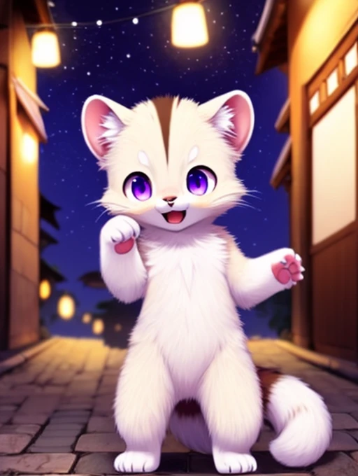 Civet cat, Little Boy, cute, (alone), (((Has brown and white fur))), Big purple eyes, Blushing, smile, Open your mouth, walking, night, Ancient Asian cities, bright street lights, Blue and black slate road, Empty Streets, Starry Sky, Shadow, Detailed facial depiction, ((Accurate hand drawing)), レンブラントの光とShadow, Ultra-fine，Completely naked，Naked，Naked，Sleep on your back，Spread your legs and point your crotch，lift both legs up，Embarrassing，Embarrassing表情，Small dick，Animal penises，anus，Furry，kemono，Hairy boy，Animal body types，