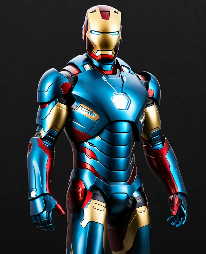Ironman, over black and small blue colour, full body, face red, ironman style,