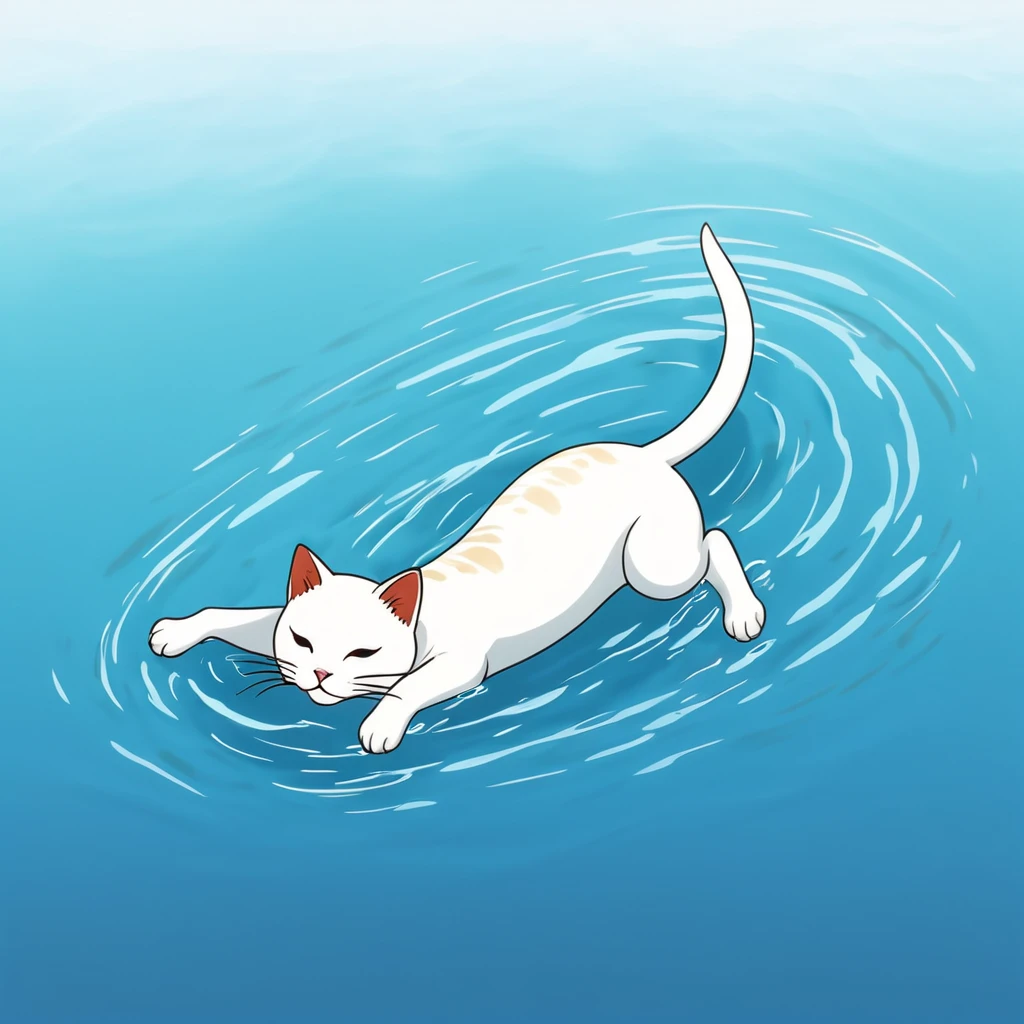 Anthropomorphic crawling swimming cat, lying down and swimming in water, simple touch, Japanese style animation touch, high quality