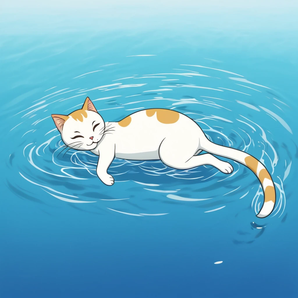 Anthropomorphic crawling swimming cat, lying down and swimming in water, simple touch, Japanese style animation touch, high quality
