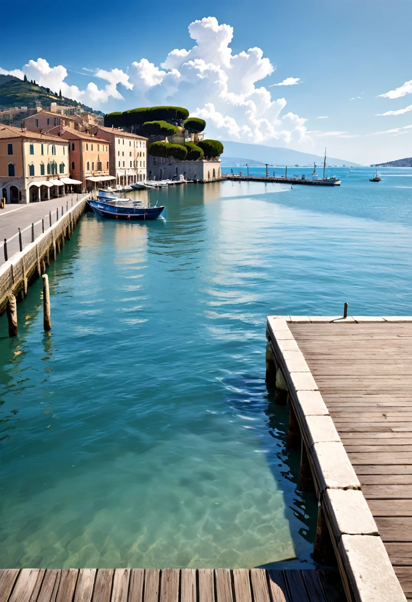 {{{19th century}}}, port, (masterpiece:1.2), (best quality:1.2), (very aesthetic:1.2), (absurdres:1.2), (detailed background), photograph, Quay, Pier, background, calm, Calm Day, noon, sunny, White cloud, Ripples, Ocean, 地中Ocean, Italy