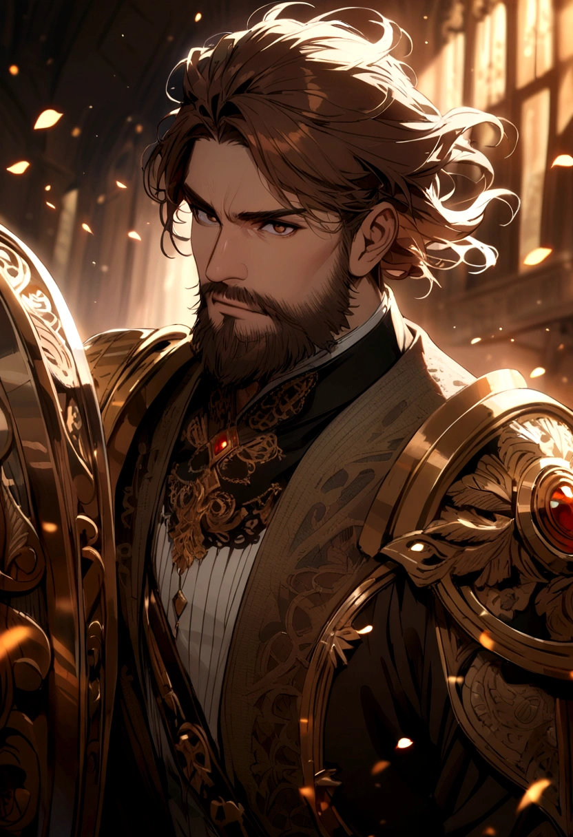 man (with brown beard and hair, long brown hair, brown eyes) with a shield around him
