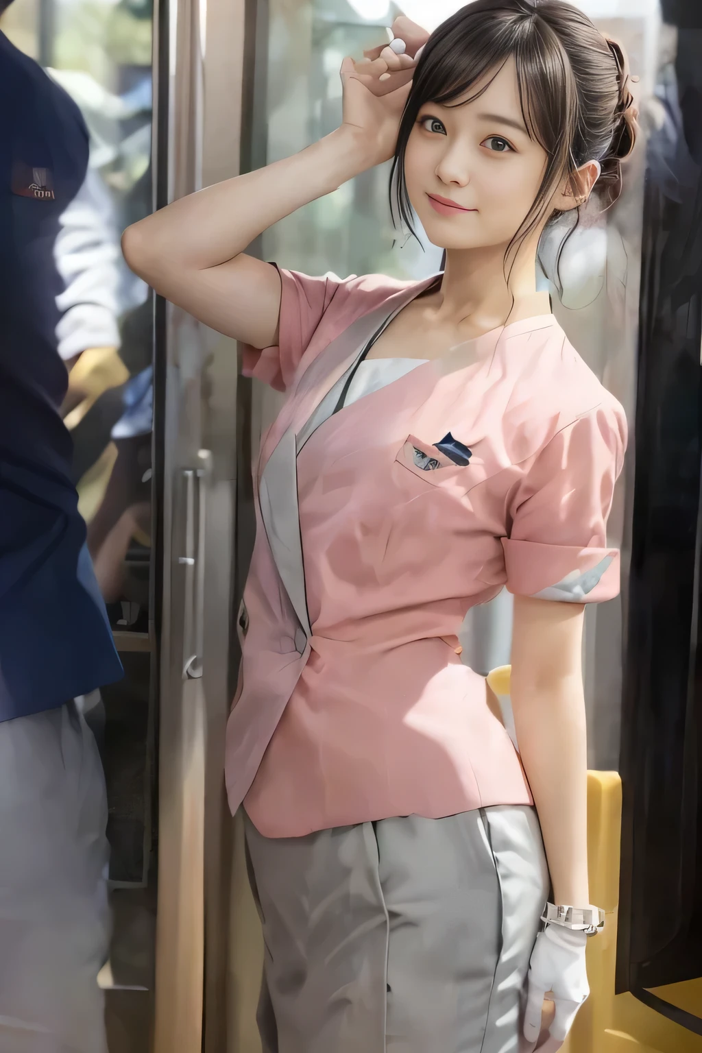 (masterpiece:1.2, Highest quality:1.2), 32k HDR, High resolution, (alone、1 girl)、 (Height: 160cm)、(On the rooftop of a building in the daytime、Professional Lighting)、Building rooftop background、(Nankai train crew uniform pinkを着たリアルスタイル)、(Nankai train crew uniform pink short sleeve collarless pink jacket、Nankai Train Crew Uniform Pink Collarless Short Sleeve Blouse、Nankai Train Crew Uniform Pink Grey Knee-length Culottes)、(The pink jacket is showing from the culottes.)、Dark brown hair、(Hair tied up、Hair tied up、Evening curly hairstyle)、Dark brown hair、Long Shot、Big Breasts、Thin legs、((Great hands:2.0)),((Harmonious body proportions:1.5)),((Normal limbs:2.0)),((Normal finger:2.0)),((Delicate eyes:2.0)),((Normal eyes:2.0)))、smile、(Nankai Train Crew Uniform Pink Grey Knee-length Culottesを見せた美しい歩く姿)、Place your hands around your stomach、Lanyard employee ID card
