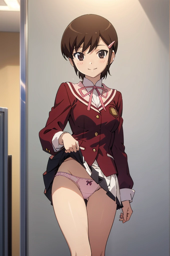 solo, 1girl, looking at viewer, 2D, , chihiro kosaka, , looking at viewer, smile,blazer,miniskirt,socks,my room,(((lift skirt,panties)))
