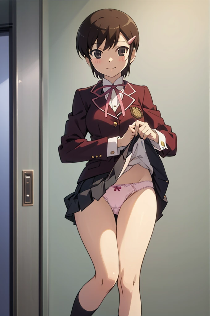 solo, 1girl, looking at viewer, 2D, , chihiro kosaka, , looking at viewer, smile,blazer,miniskirt,socks,my room,(((lift skirt,panties)))