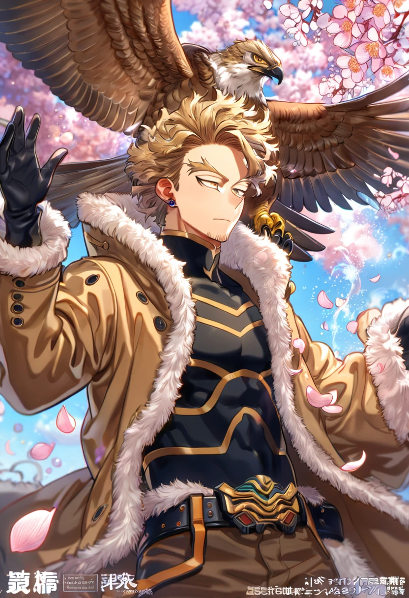 absurdres, highres, ultra detailed, HDR, master piece, Hawks, brown-blond hair, expressive brown-golden eyes, brown coat with fur, faint beard, Boku No Hero Academia, sexy man, handsome, best quality, blossoms, pink petals, pink flowers, water, fantasy, magical, blue shining fireflies, solo, black tight shirt with patterns, black gloves, red piercing, brown pants, black belt,