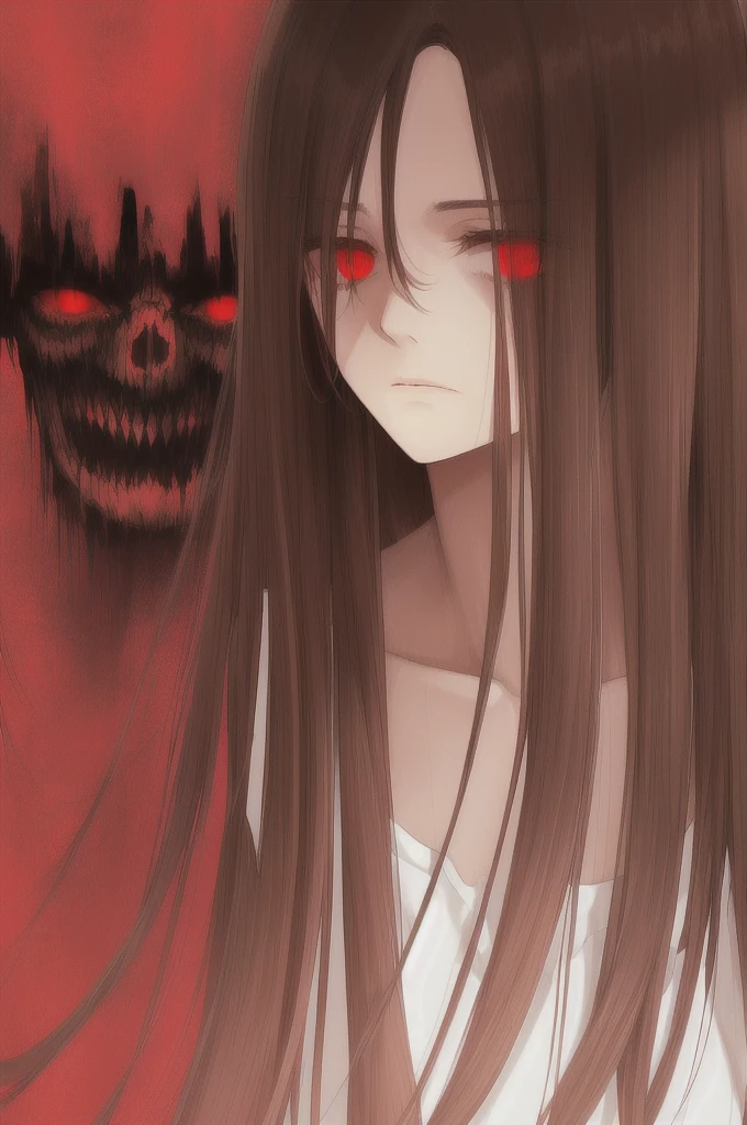 woman, long straight light brown hair, red eyes, with old clothes, dark inhabitant of terror, alone, scary face