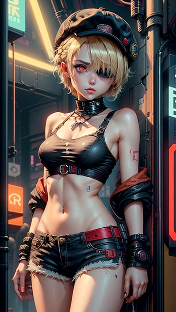 Beautiful woman medium hair, Wearing a hat, Cyberpunk Shorts,(Blonde Short Hair)、(Barrette)、(((Hair on one eye)))、(Red eyes)、