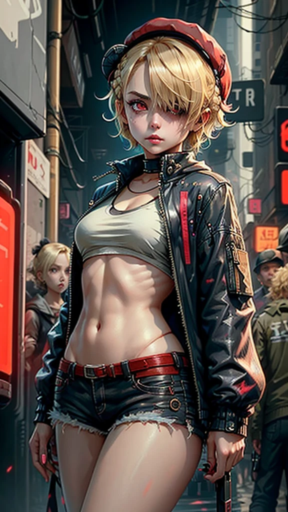Beautiful woman medium hair, Wearing a hat, Cyberpunk Shorts,(Blonde Short Hair)、(Barrette)、(((Hair on one eye)))、(Red eyes)、