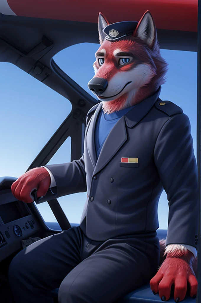 Ivan Fedorovich Wolfbach (Novosibirsk) ,tall handsome, wolf,young, 24 years, brown fur,Kind,(red body:1.3),beautiful blue eyes,Novosibirsk,dressed,civil aviation pilot uniform,shirt,shoulder straps yellow-black, black tie, trousers, commander's cap, trousers,canine, wolf, detailed fur, male, second, paw pads, finger claws,At the viewer, 5 fingers, paws, 5 fingers, smile, wrist watch, т nextel,by xenoforge, (difficult, high detail, digital photography, soft focus, RAW,goes for a walk, ,Very close to the camera,airport,Novosibirsk, smile, good mood, positive, Very close to the camera, shirt в клетку, At the hairdresser, without hair,
Photorealism, realistic, photorealistic, digital style, Subsurface scattering,I look at the viewer,is sitting, looks at the mirror, men's cosmetics, perfume perfumery, shirt в клетку,
masterpiece, Best quality, ultra realistic, 8 thousand.)