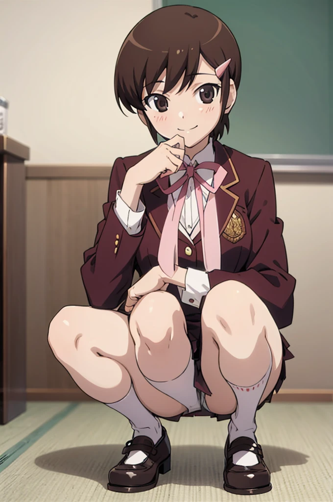solo, 1girl, looking at viewer, 2D, , chihiro kosaka, , looking at viewer, smile,blazer,miniskirt,socks,school,squatting,open legs,spread legs