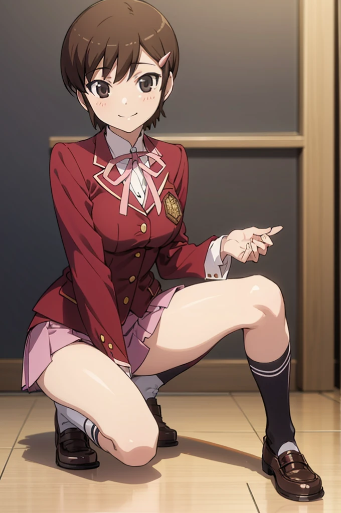 solo, 1girl, looking at viewer, 2D, , chihiro kosaka, , looking at viewer, smile,blazer,miniskirt,socks,school,squatting,open legs,spread legs