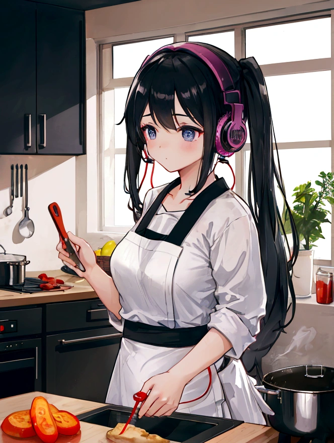 A girl cooking in the kitchen wearing headphones、There are various ingredients in the kitchen