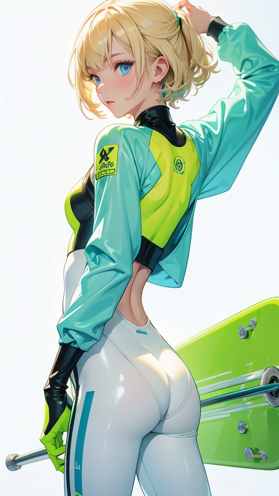 1girl, solo, white background, wattson, masterpiece, highly detailed, blue eyes, blonde hair, short hair, Fluorescent green jacket, Rubber Gloss, white rubber skinsuit, Yellow skateboard shoes, white pants, blush, plain background, back turned