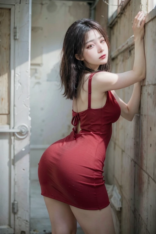 Illustrate a realistic POV scene of a white woman from behind, standing against a wall. She is wearing a short red dress that hugs her curves. Her black hair is loose and falling down her back. She is leaning slightly forward, one leg raised, highlighting your curves in a provocative way.