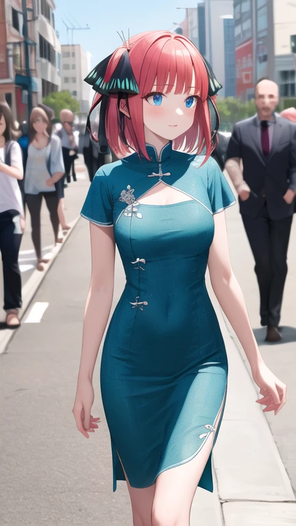 masterpiece, best quality, highres, nn1, 1girl, hair ribbon, short hair, china dress, cowboy shot, street, walking,