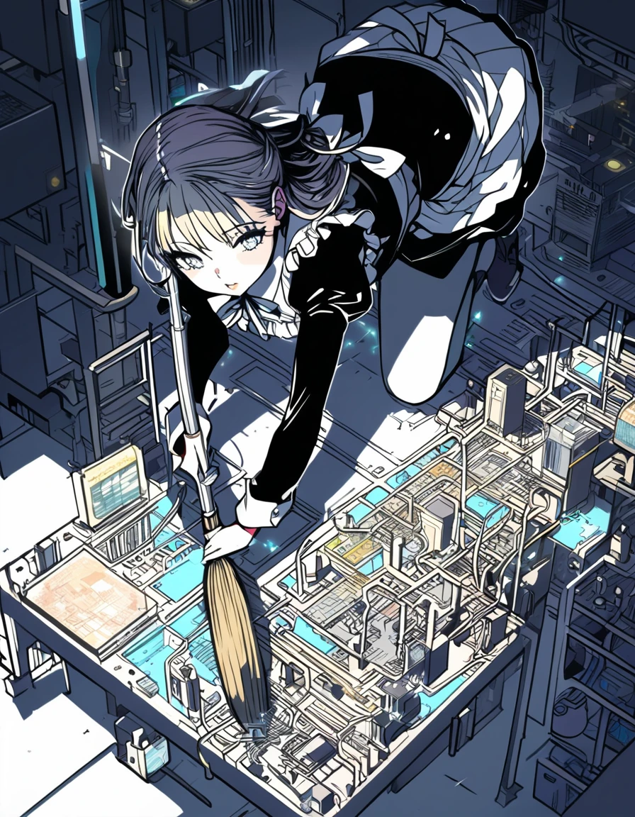 ultra detailed 8K CG:1.3, ultra delicate and detailed face:1.3, (absurdres, texture, masterpiece), isometric, comical pop art, pixiv contest winner, by Posuka Demizu, Dynamic manga-style illustration of slender cyborg maid girl, She is cleaning the motherboard with a broom. The motherboard has a complex circuit.