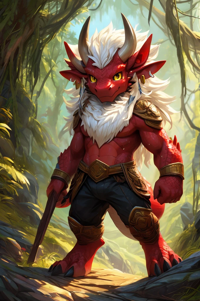 ultra-detailed, masterpiece, masterwork, high quality, best quality, hdr, (nature), nsfw, male, solo, chibi, dragon, ((black underpants)), (little red body minotaur), (white body), (long golden hair, yellow eyes, cool eyes), standing, cross your arms, dynamic angle, earrings, sweat