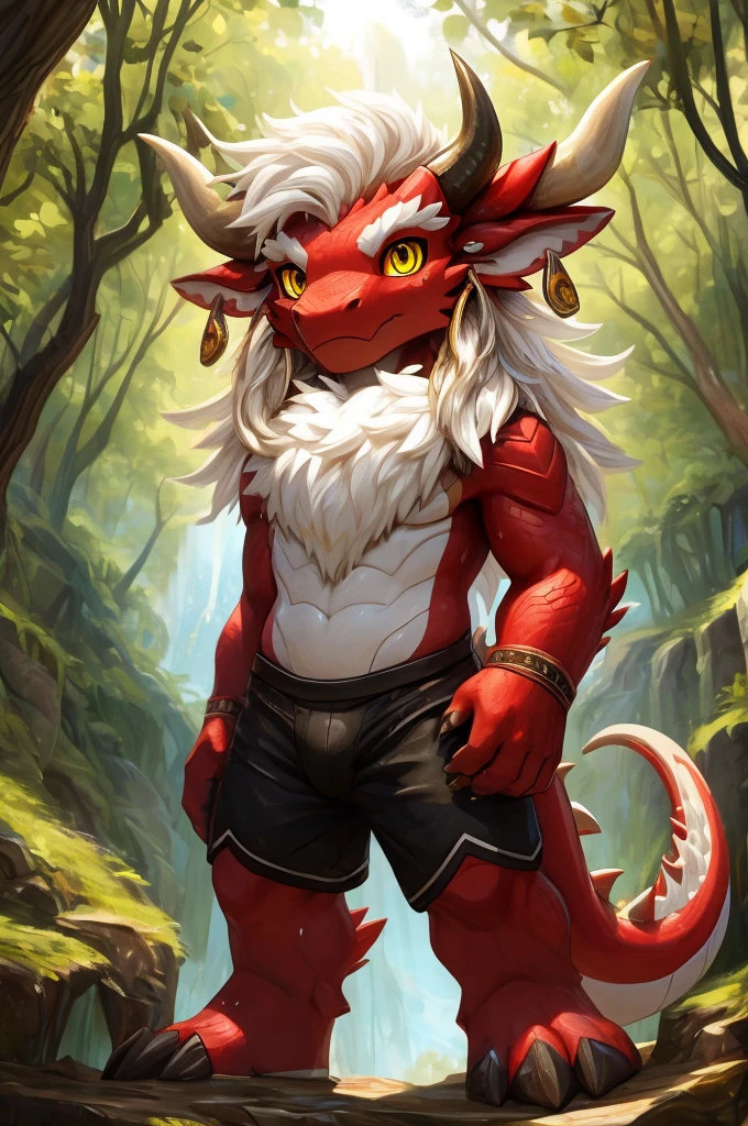 ultra-detailed, masterpiece, masterwork, high quality, best quality, hdr, (nature), nsfw, male, solo, chibi, dragon, ((black underpants)), (little red body minotaur), (white body), (long golden hair, yellow eyes, cool eyes), standing, cross your arms, dynamic angle, earrings, sweat
