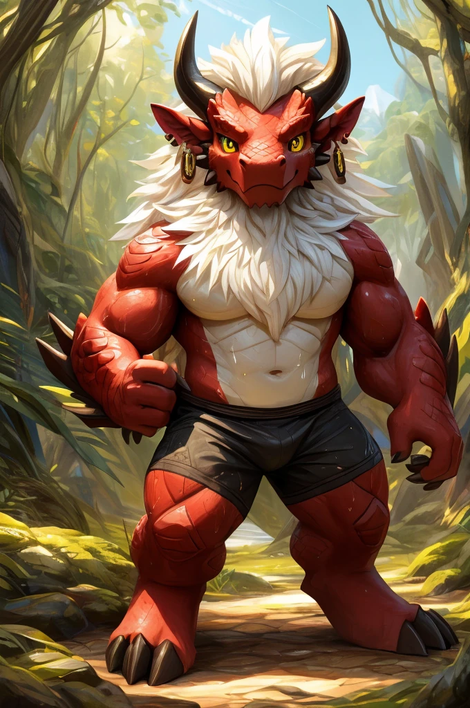 ultra-detailed, masterpiece, masterwork, high quality, best quality, hdr, (nature), nsfw, male, solo, chibi, dragon, ((black underpants)), (little red body minotaur), (white body), (long golden hair, yellow eyes, cool eyes), standing, cross your arms, dynamic angle, earrings, sweat