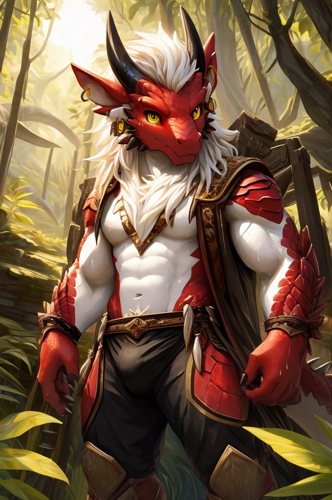ultra-detailed, masterpiece, masterwork, high quality, best quality, hdr, (nature), nsfw, male, solo, chibi, dragon, ((black underpants)), (little red body minotaur), (white body), (long golden hair, yellow eyes, cool eyes), standing, cross your arms, dynamic angle, earrings, sweat