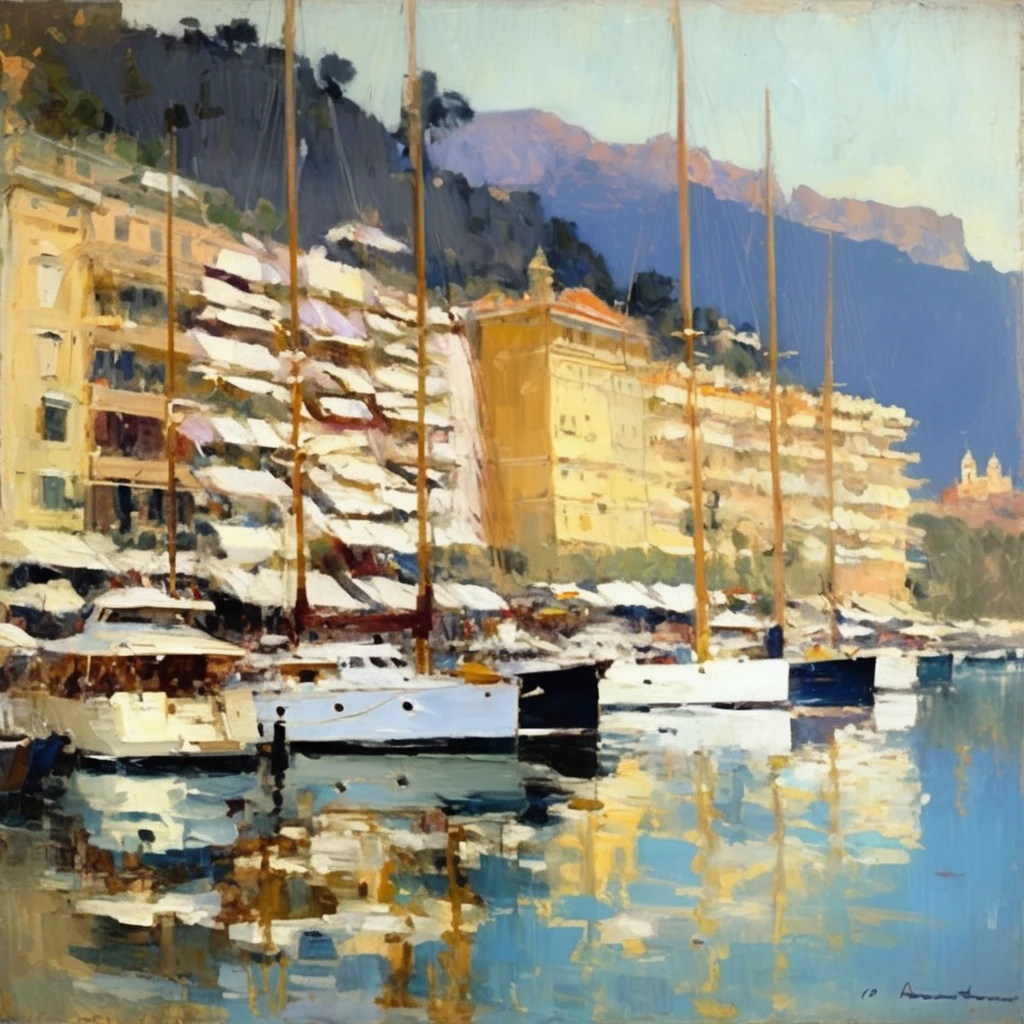 Konstantin Korovin Style - oil painting of a beautiful yacht haven in monaco. Muted colors. Artwork by Abbott Handerson Thayer.