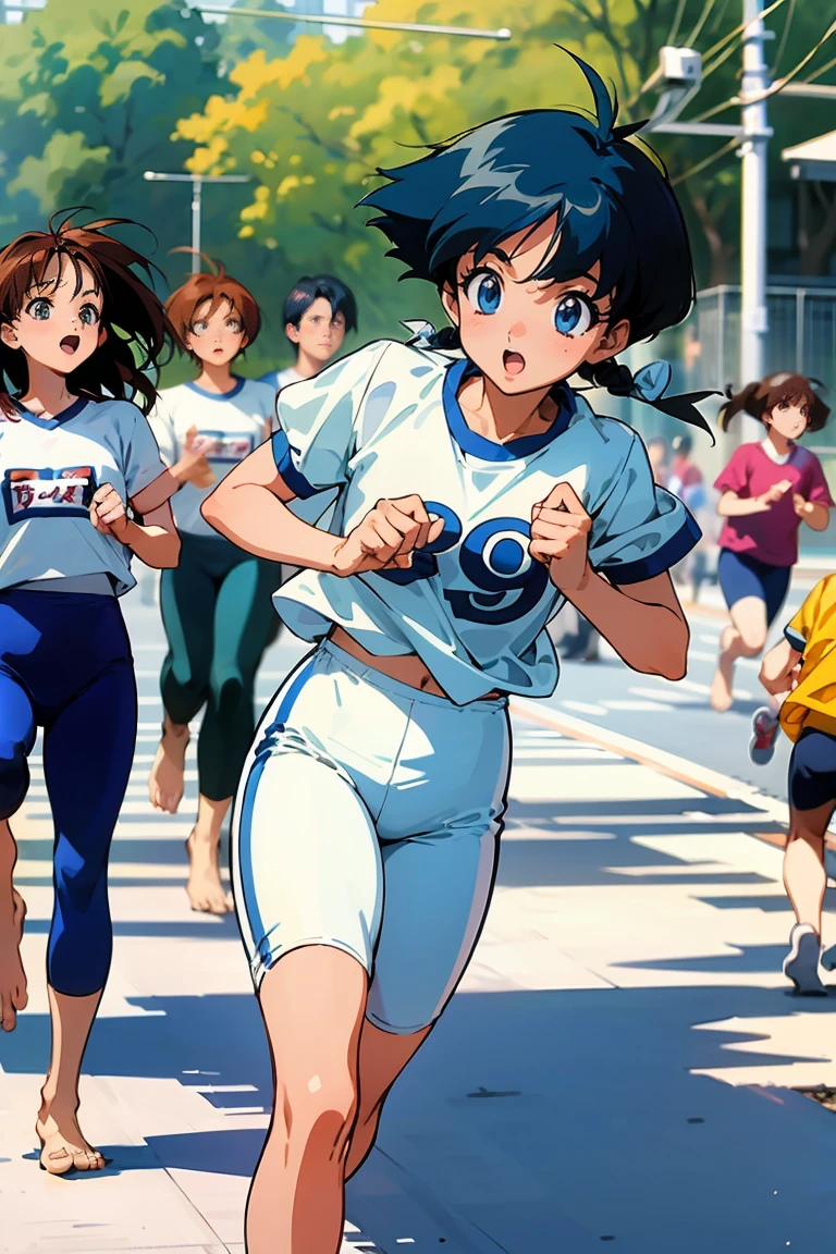 Highest quality,1990s anime,Dressed in gym clothes、Barefoot girls lined up、Running in the schoolyard,Dress code: white T-shirt and blue pants