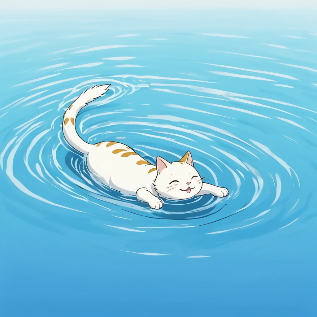 Anthropomorphic crawling swimming cat, lying down and swimming in water, side view image, simple touch, Japanese animation touch, high image quality