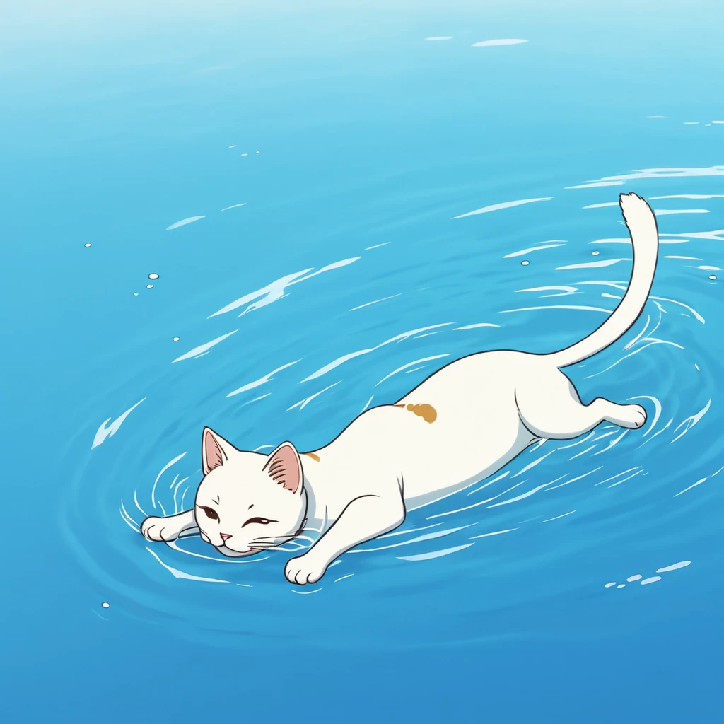 Anthropomorphic crawling swimming cat, lying down and swimming in water, side view image, simple touch, Japanese animation touch, high image quality