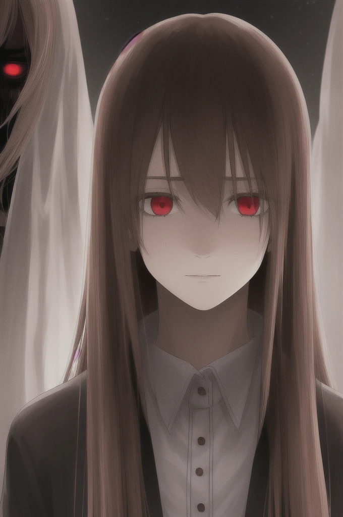 woman, long straight light brown hair, red eyes, with old clothes, dark inhabitant of terror, alone, scary face