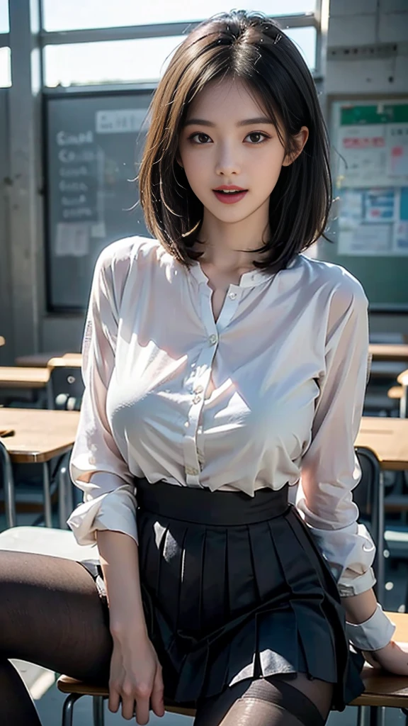 Creamy smooth skin, (Masterpiece, best quality, high resolution, Extremely detailed, Detailed background, Delicate eyes, Beautiful face:1.2), 1girl huge breasts, Solitary, Short straight hair, Bangs, Willow Waist, , outdoor, School,classroom, Black Legwear, Pantyhose, open mouth, Smile, Happy, JK shirt,tie,Pleated Skirt