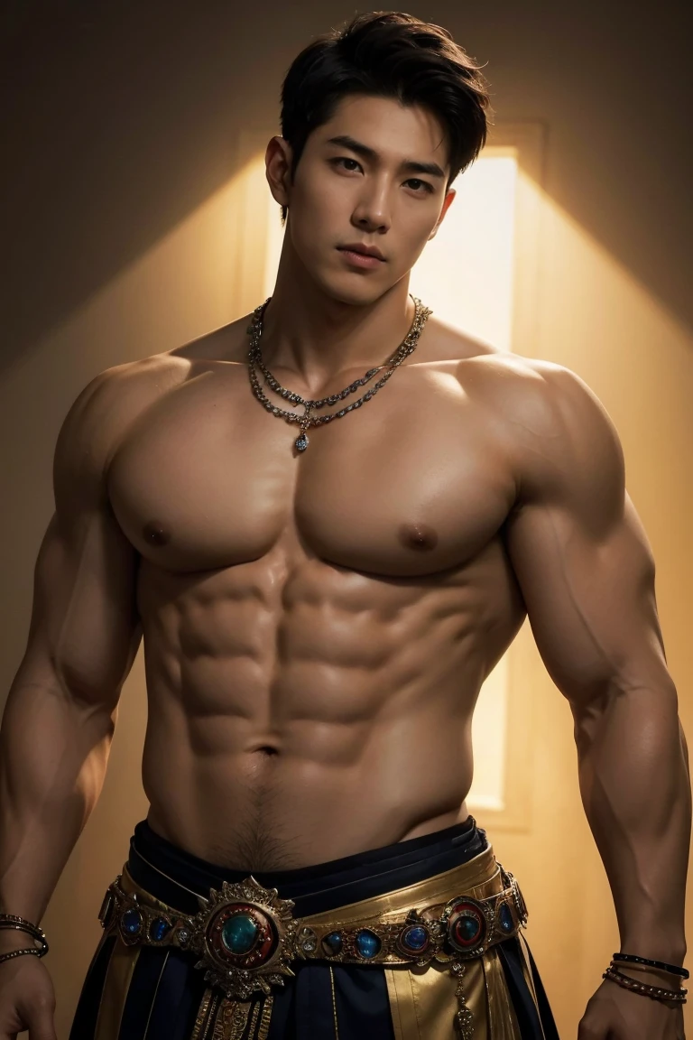 a handsome korean sky emperor, extremely detailed muscular body, six pack abs, firm swollen breasts, detailed musculature, wearing elaborate jewelry, wearing almost naked clothes, photo realistic, 8k, ultra-realistic, masterpiece, cinematic lighting, dramatic contrast, chiaroscuro, dramatic colors, vivid colors